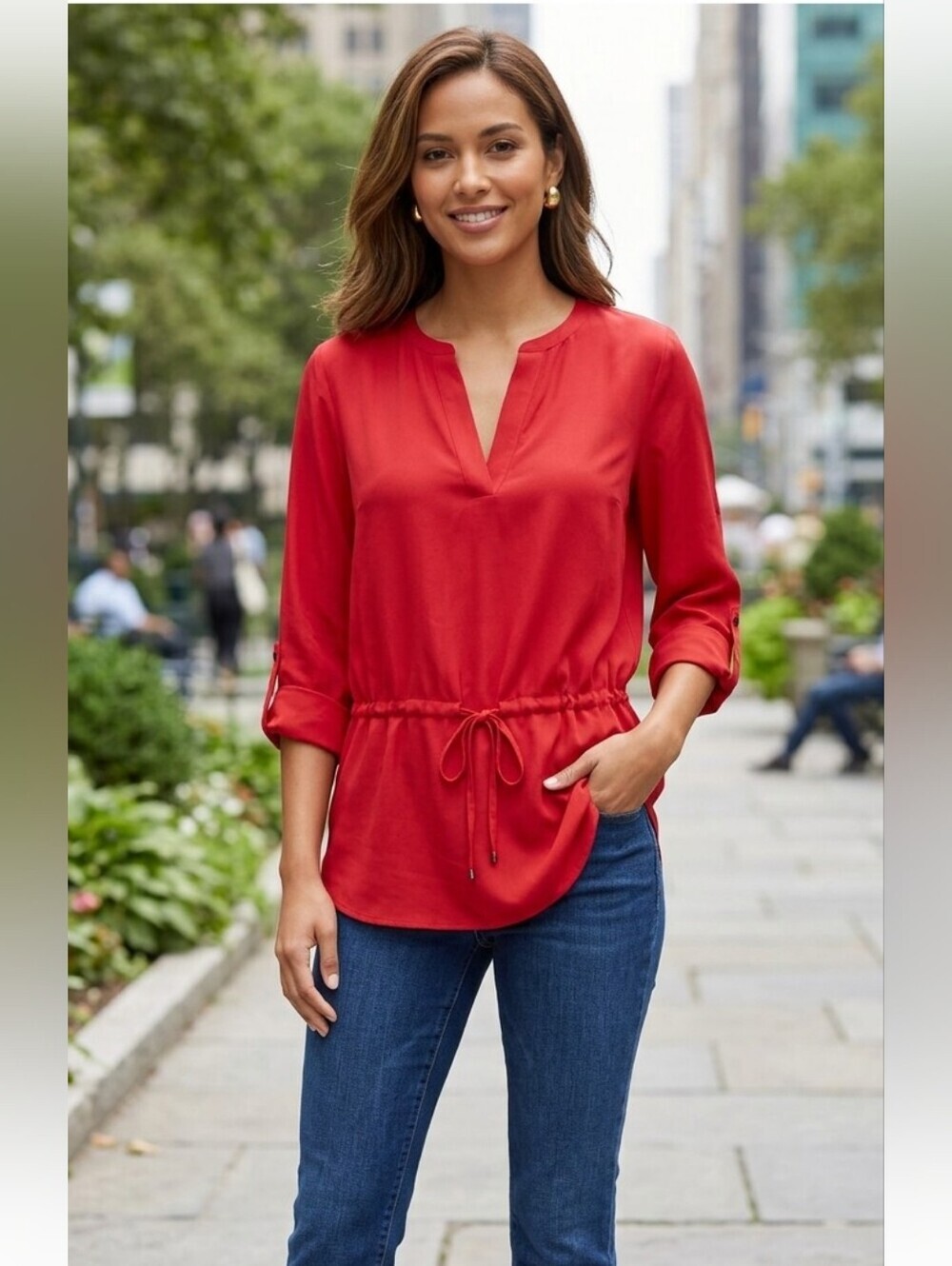 LRL Ralph Lauren Top Large Adult Red V Neck Peplum Blouse Long Sleeve Womens Med